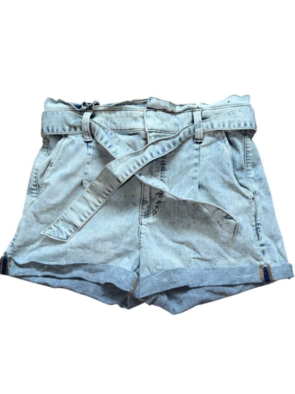Express Super High Rise "Shortie" Paperbag Light Wash Denim Shorts Size 10